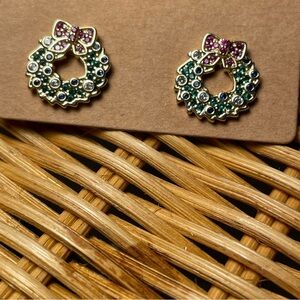 Christmas Wreath Stud Earrings with Multicolor CZ Stones